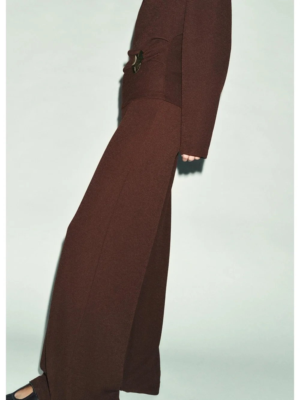 Zara NWT 2 piece SET Brown Wide-Leg Knit Pants  & gold detail long sleeve top